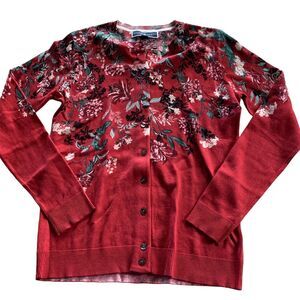 Karen Scott Berry Red Floral Cardigan Sweater Lightweight Cotton Blend Ladies XS